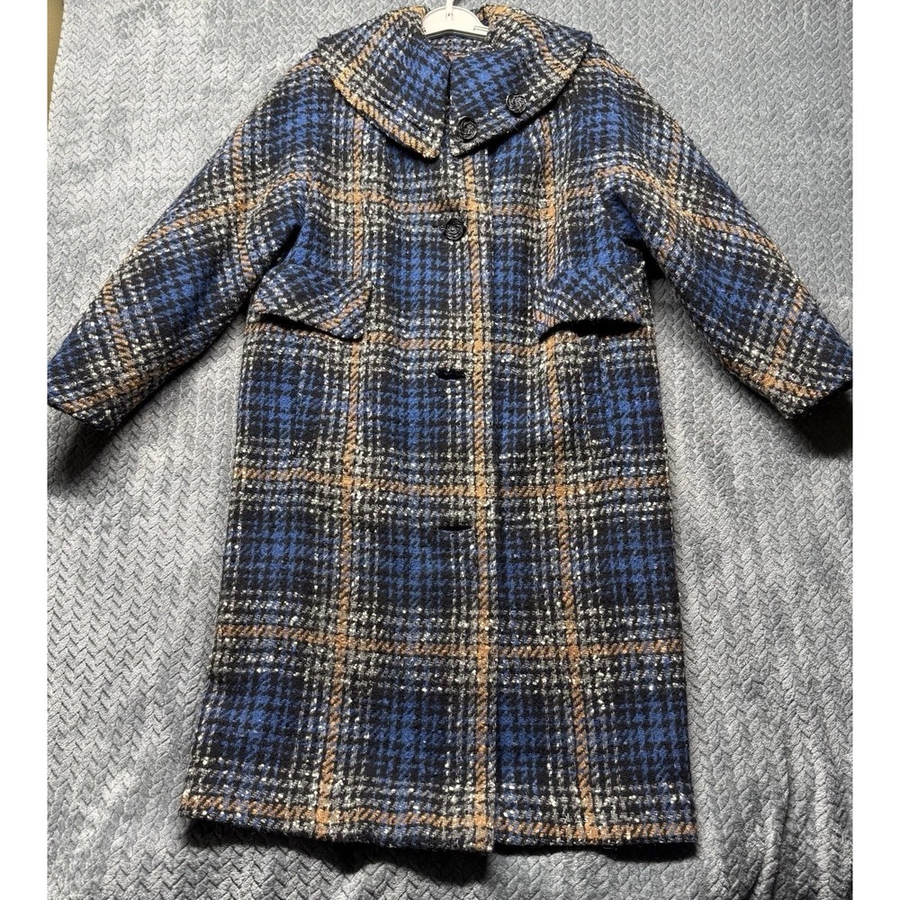 Vintage 60s 70s Wool Plaid Winter‎ Coat S/M Westshire Blue Check Tweed Union